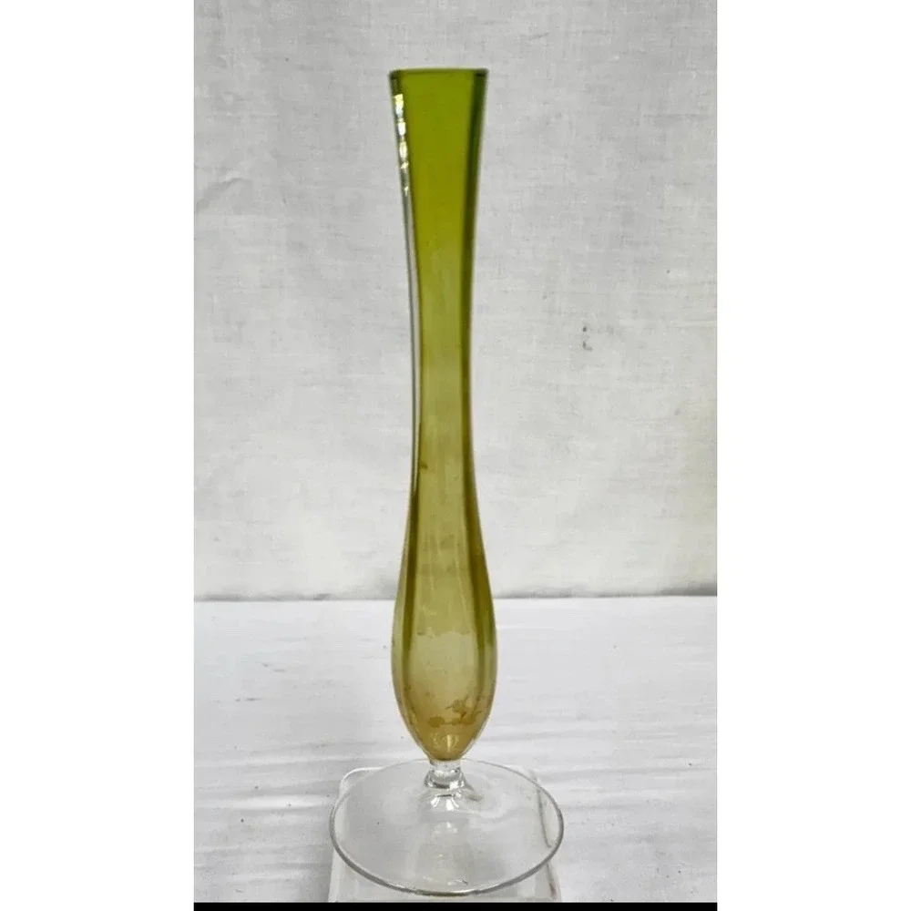 Val St Lambert Style Crystal Green Amber Flower Vase Elegant Decor Collectible